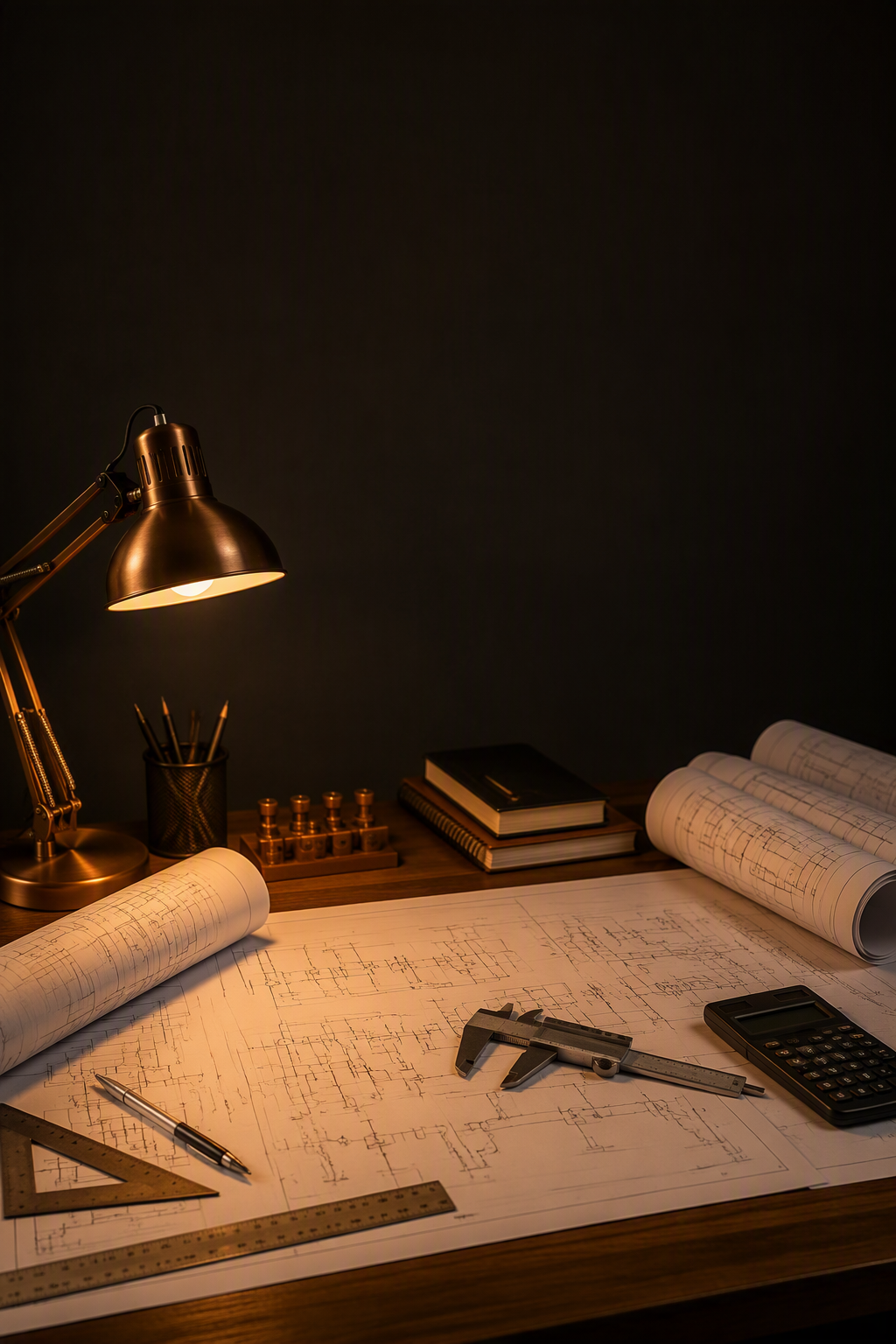 Engineering desk with drawings