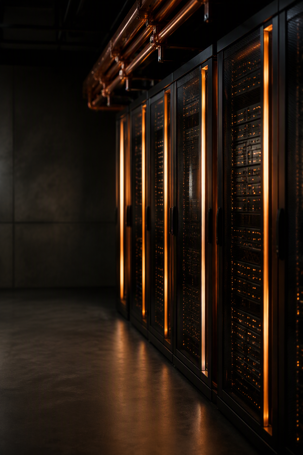 Copper-lit data center server aisle