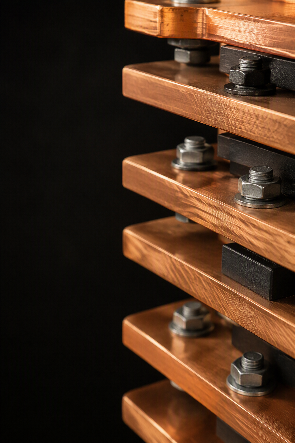 Macro close-up of stacked copper busbar